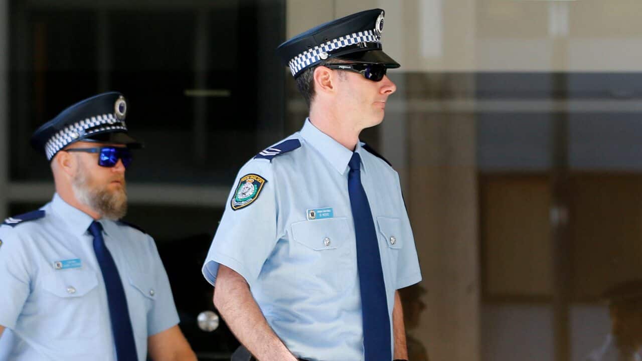 Acting Sergeant Gregory Hosie arrive at Newcastle Court for the inquest into the police custody death of Rebecca Lyn Maher.