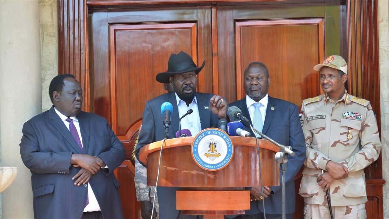 From Left: Advisor Tut, President Kiir, Dr Riek and Deputy Chair of the Sudanese Sovereign Council Mohamed Hamdan Dagalo Hemeti.