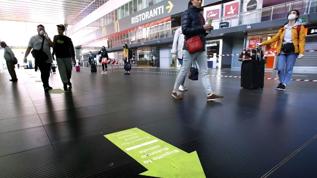 Termini Station, banners Respect social distance.Rome May 4th 2020. Covid-19, Italy enters the phase two of the coronavirus emergency. Photo Samantha Zucchi /Insidefoto/Sipa USA)