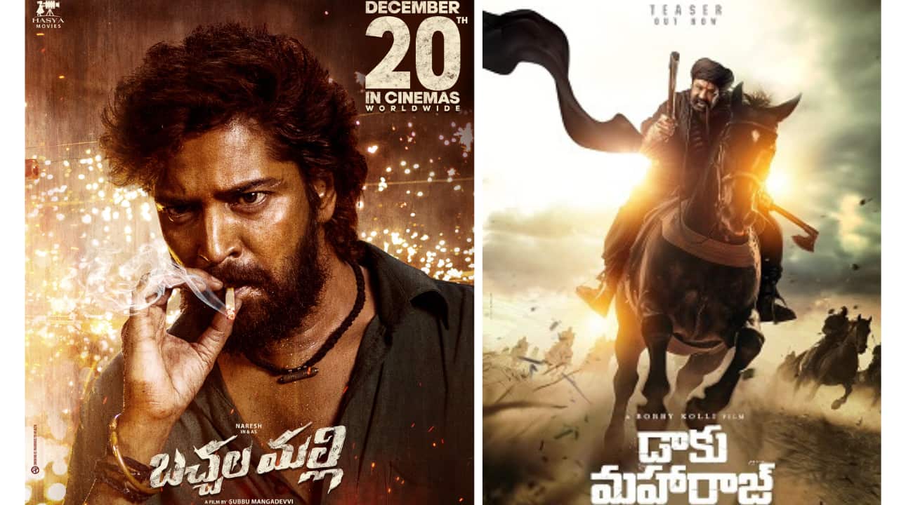 This image combines movie posters of Daaku Maharaaj and Bachchala Malli. Posters and movie details sourced from Wikipedia. Daaku Maharaaj is produced by Sithara Entertainments, Fortune Four Cinemas, and Srikara Studios, starring Nandamuri Balakrishna, Bobby Deol, Shraddha Srinath, and Pragya Jaiswal. Bachchala Malli is produced by Hasya Movies, starring Allari Naresh and Amritha Aiyer