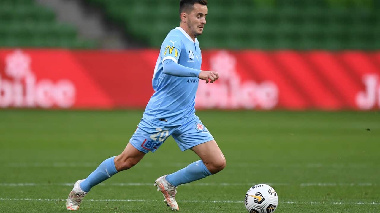 Adrian Luna of Melbourne City moves the ball during the A-League match between the Melbourne City and the Wellington Phoenix at AAMI Park in Melbourne, Sunday, May 16, 2021. (AAP Image/Morgan Hancock) NO ARCHIVING