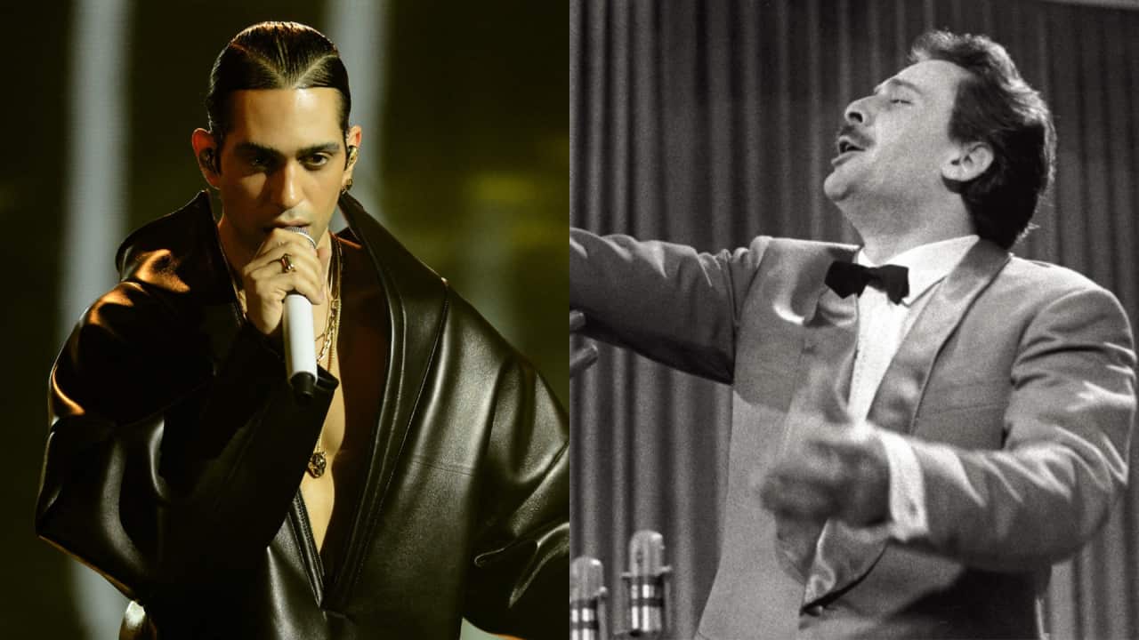 On the left, Mahmood sings "Tuta gold" at the 2024 edition of Sanremo, on the right, Domenico Modugno sings "Nel blu dipinto di blu" at the 1958 edition of Sanremo.