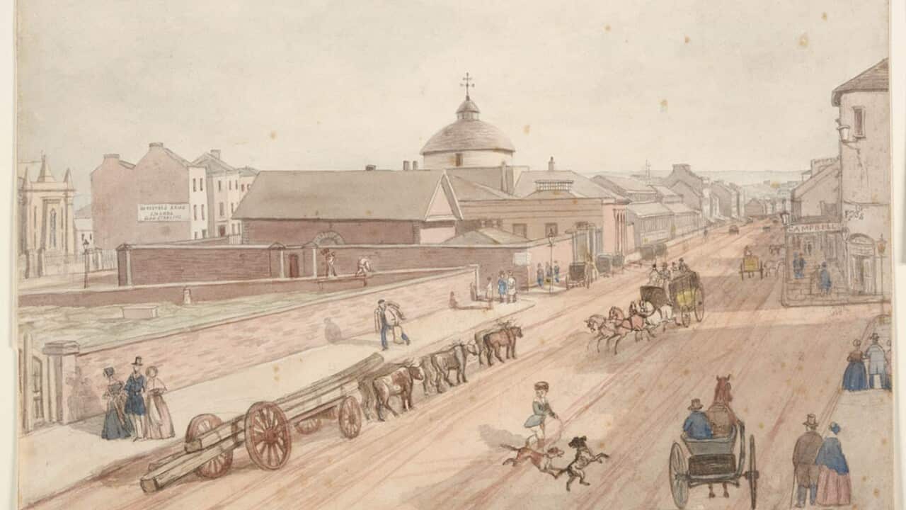 The Sydney market not far from the house of Francis Fieudard in 1842 (John Rae State Library of NSW).jpg