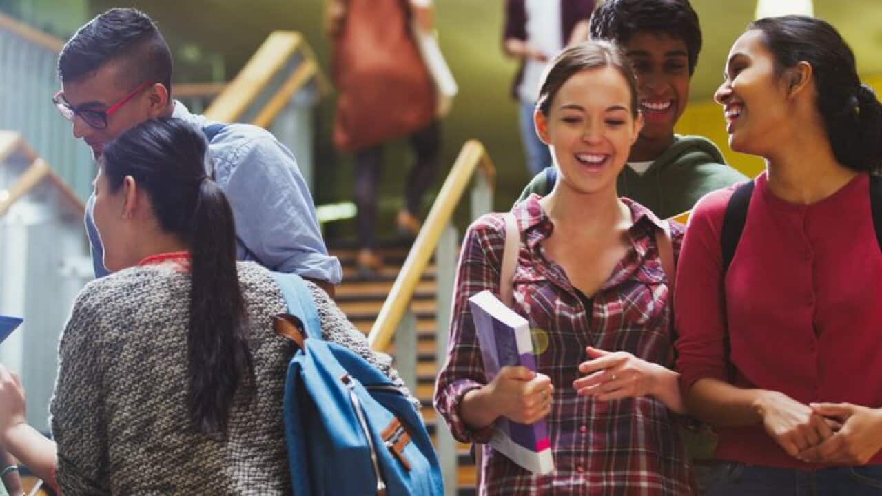 Smiling college students in stairway