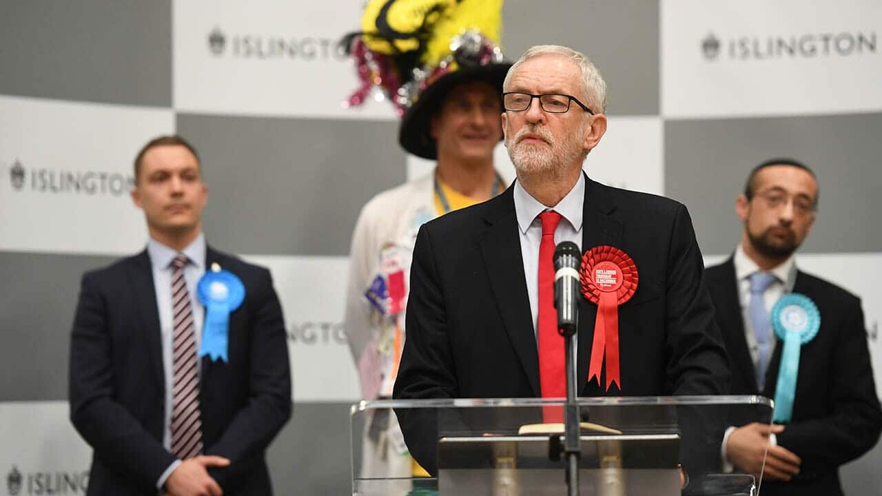 Labour leader Jeremy Corbyn speaks after regaining his seat. 