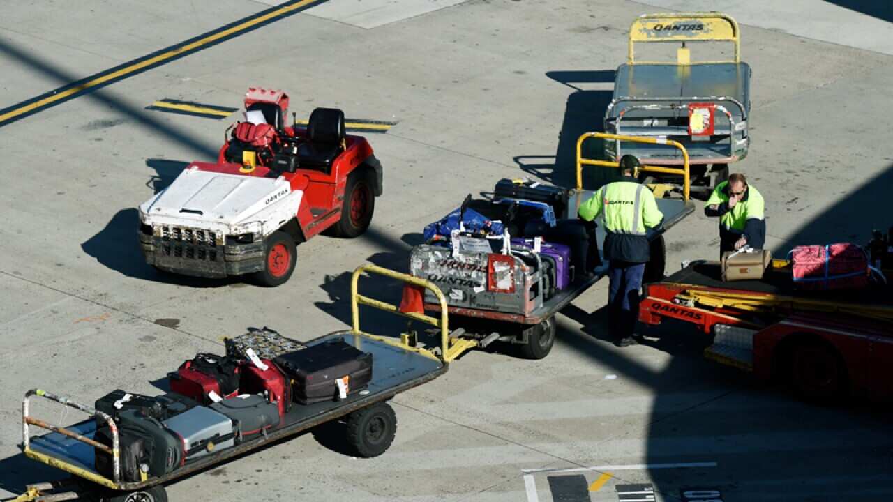 Baggage handlers unload luggage from a Qantas plane