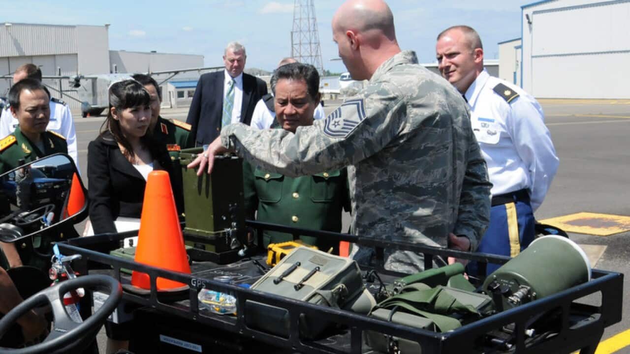 A Vietnamese delegation of military members focusing on search and rescue tours visits with the Oregon National Guards Civil Support Team June 9, 2011.