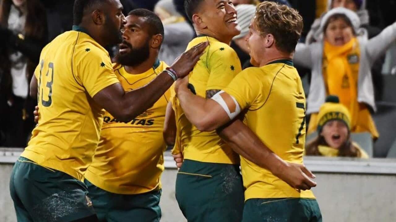 The Wallabies celebrate a try