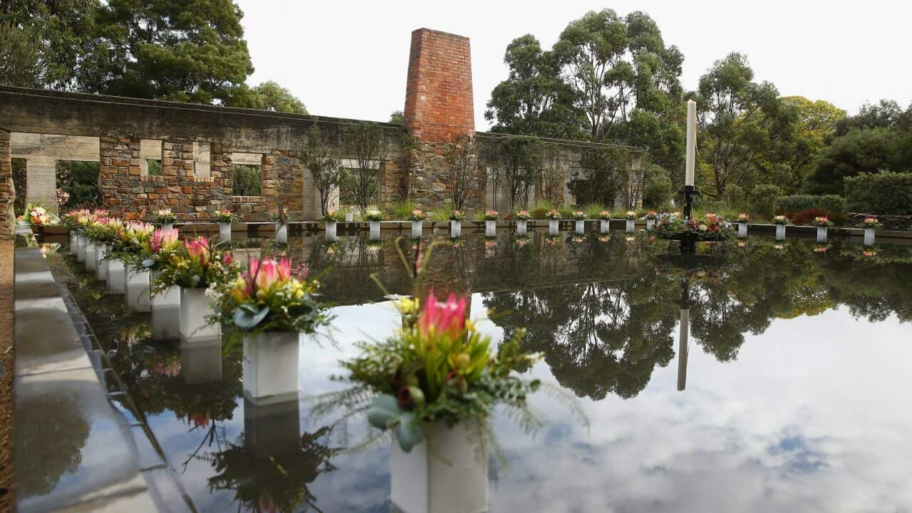 Floral tributes in the Memorial Pool in 2016 in Port Arthur, Tasmania