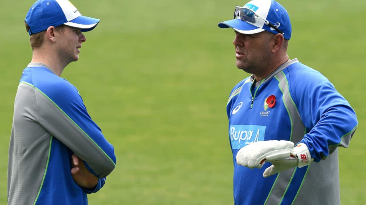 Australian cricket coach Darren Lehmann (R) with captain Steve Smith