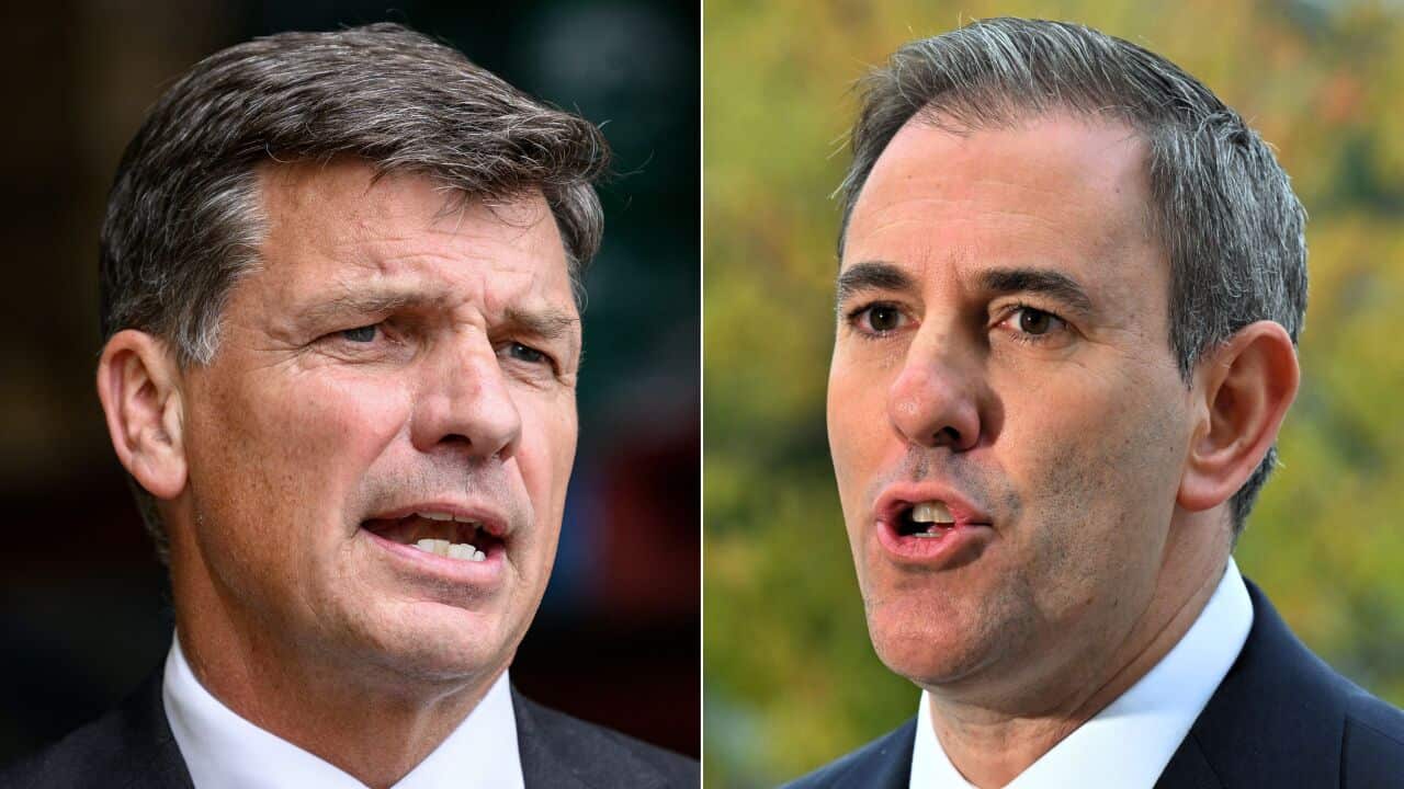 A split image of two men in suits talking.