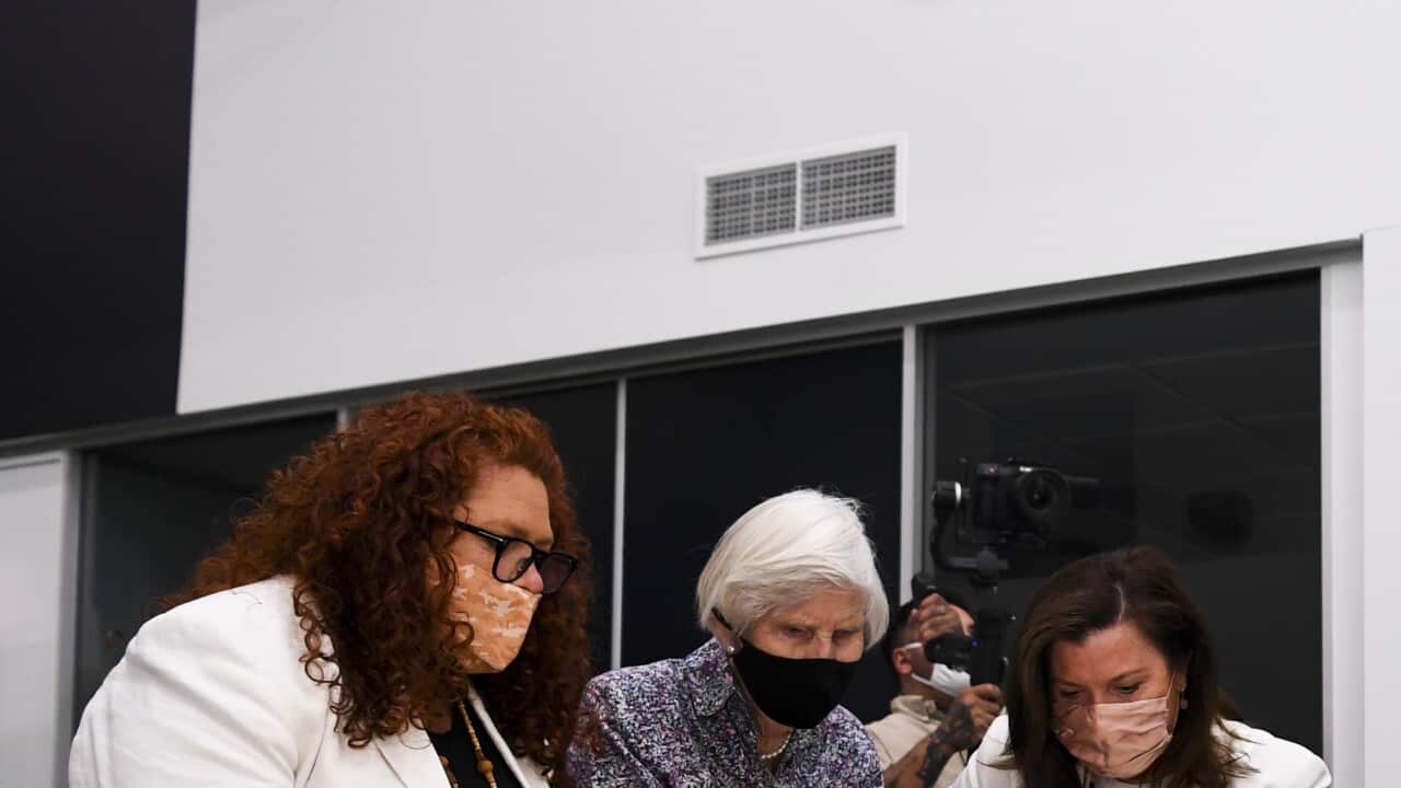 (L-R) Daughter of the late Sir Robert Menzies Heather Henderson, Chairperson of AIATSIS Jodie Sizer, Jenny Morrison, Australian Prime Minister Scott Morrison and CEO of AIATSIS Craig Ritchie look at Indigenous artefacts as they tour the Australian Institu