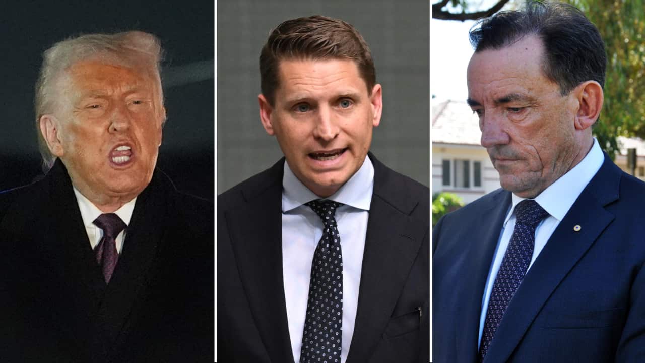 A three-panel composite image features Donald Trump speaking forcefully on the left, Australian politician Andrew Hastie in the centre, and RSL national president Peter Tinley on the right.