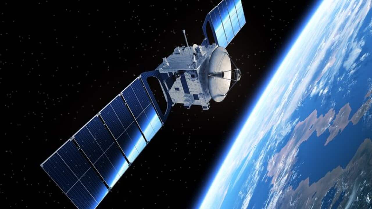 Satellite In Space. 3D Scene.