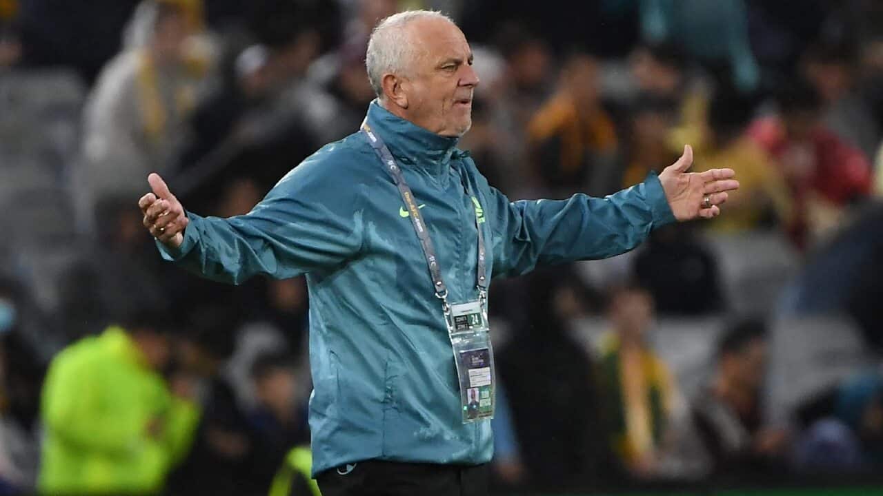 Socceroos coach Graham Arnold gestures during a match against Japan