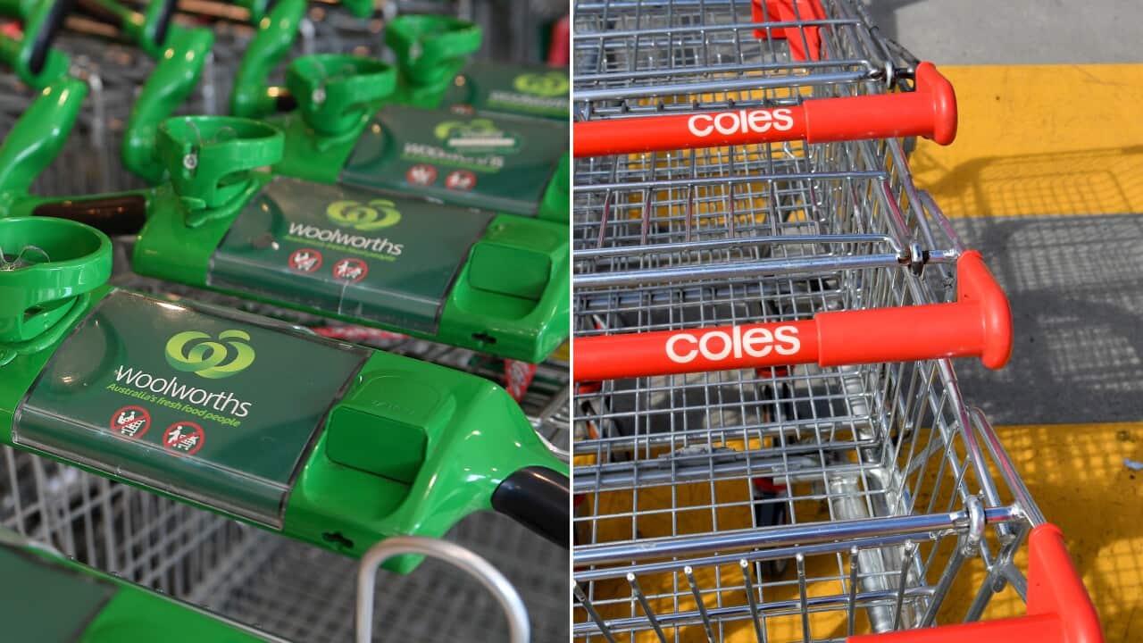 A combined image shows (left) Woolworths shopping carts at a store in Sydney, and (right) Coles Group shopping carts at a store in Brisbane.