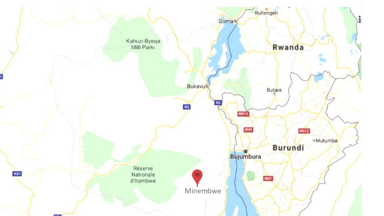 A map with a red pointer showing Minembwe location. Other countries on the map include Burundi and Rwanda