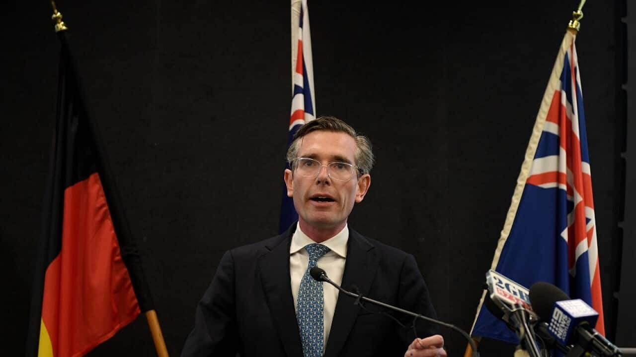 NSW Premier Dominic Perrottet addresses media during a press conference at New South Wales Parliament House in Sydney, Thursday, October 21, 2021. (AAP Image/Dan Himbrechts) NO ARCHIVING