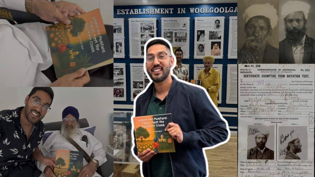 A collage showcasing author Manmeet Bedi who wrote where the mustard fields meet the southern cross. It also features archival images from the national archives of Australia featuring booja singh and mahan singh, as well as a shot with Teja Singh Grewal
