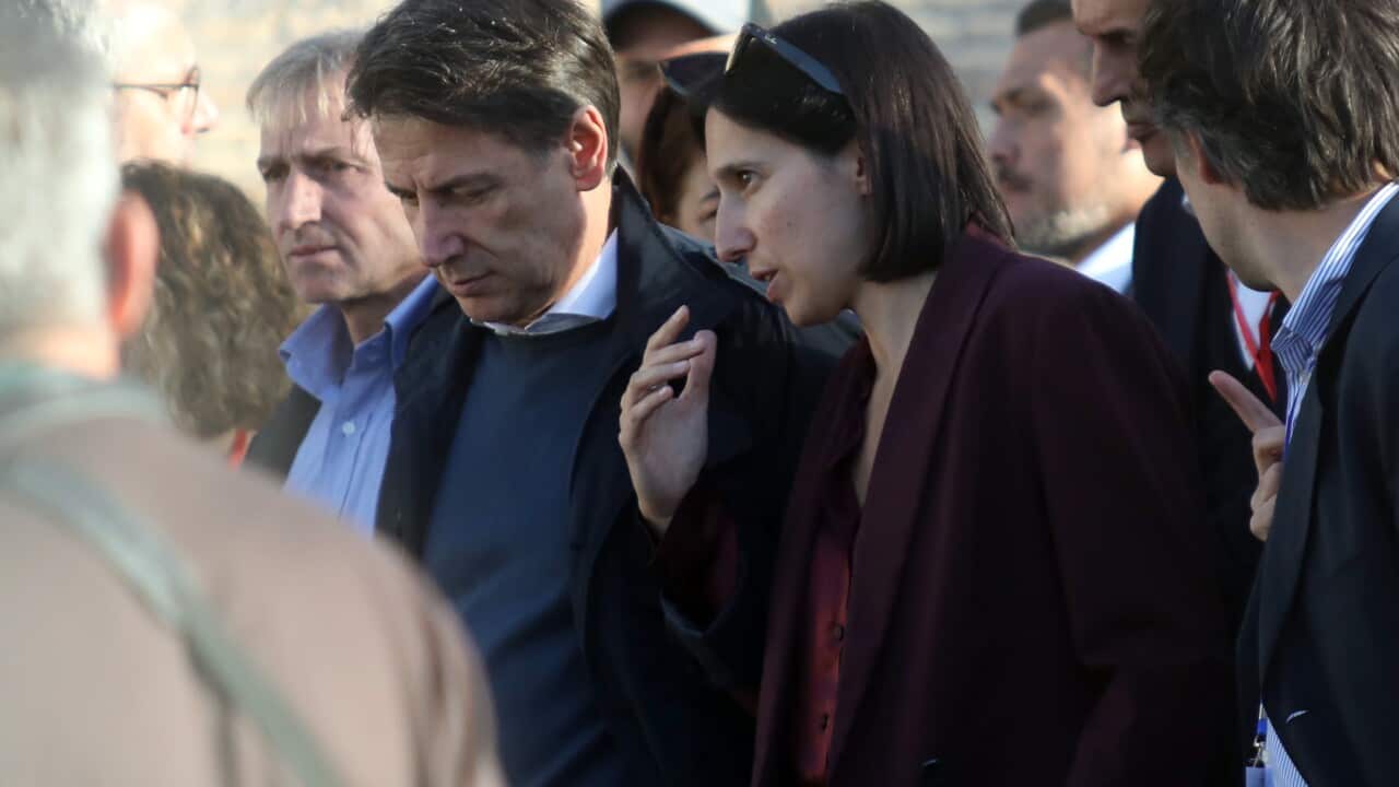 The secretary of the Italian Democratic Party Elly Schlein and Giuseppe Conte during demonstration of the opposition to the Meloni government in Rome in Piazza del Popolo.
