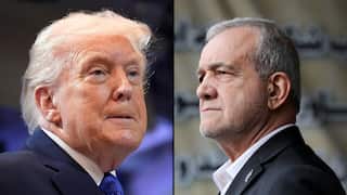 A two-way header image of US President Donald Trump and Iranian President Masoud Pezeshkian.