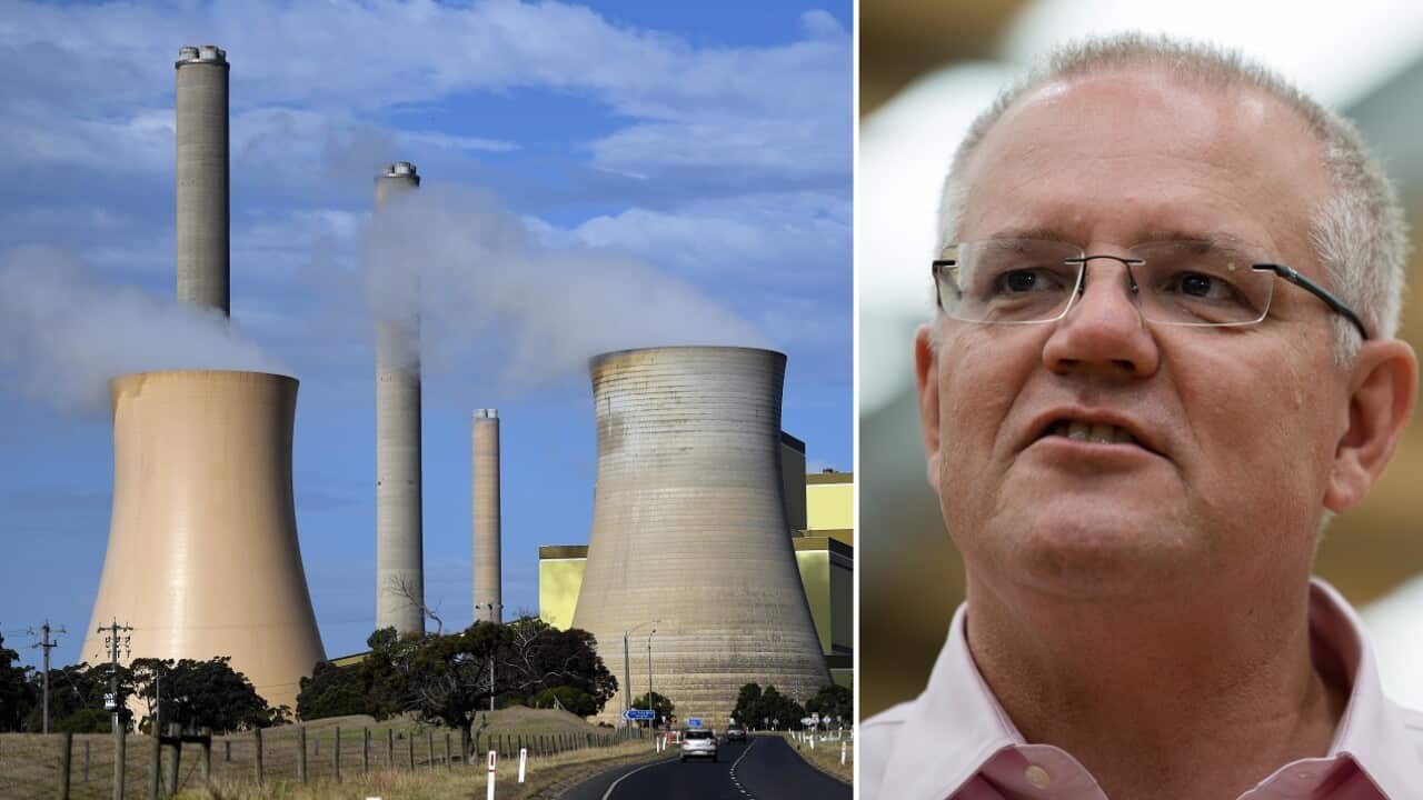Loy Yang power station in Victoria and Scott Morrison.