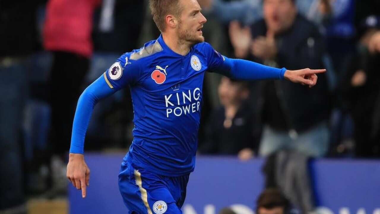 Leicester's Jamie Vardy celebrates after scoring