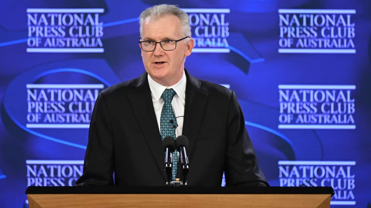 A grey-haired man with glasses and in a black suit, stands in front of a lectern talking. There's a blue background behind him with multiple National Press Club of Australia logos.