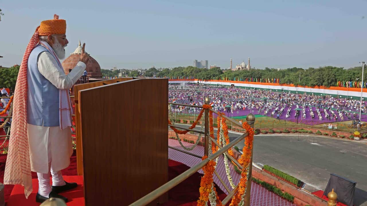 Indian Prime Minister Narendra Modi addressing the nation on the occasion of 75th Independence day in Delhi, India, 15 August 2021.