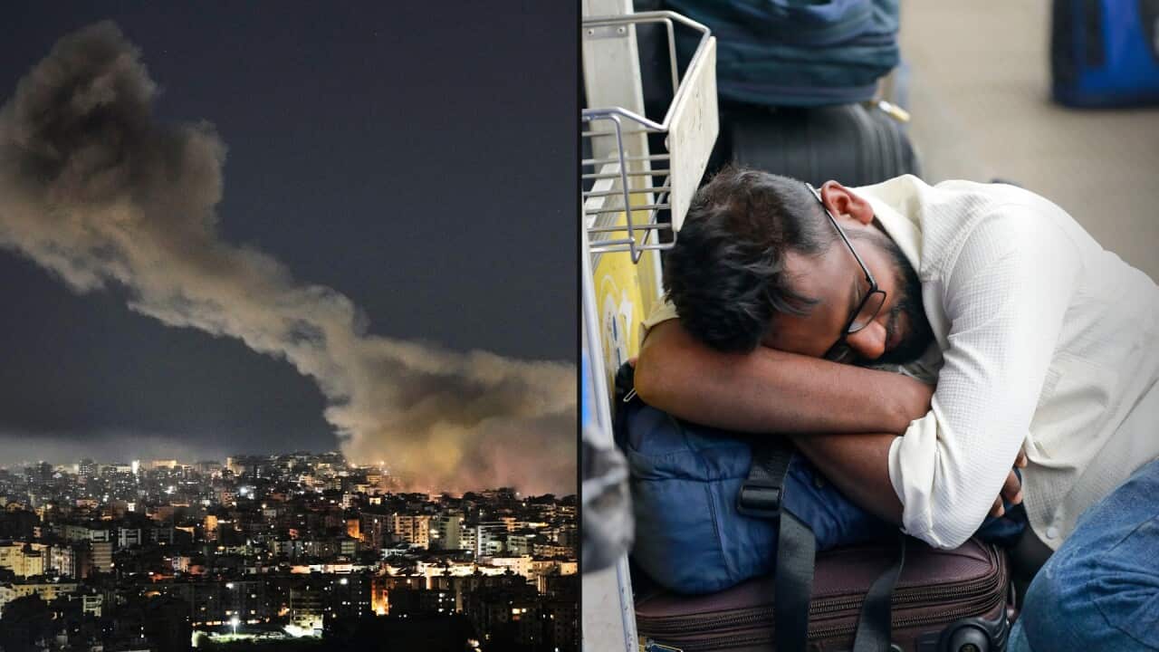 A two-way header image showing smoke rising over Beirut and a passenger sleeping on his suitcase.