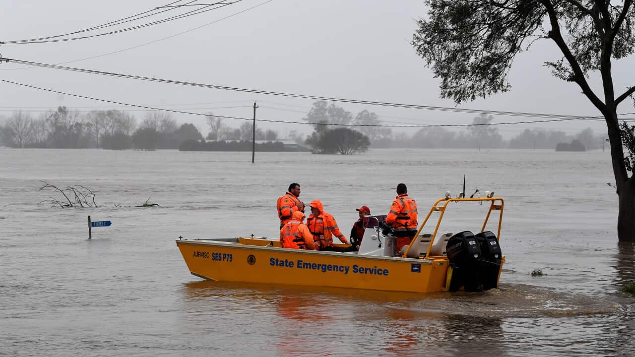 A NSW State Emergency Service (SES) crew in a rescue boat as roads are submerged under floodwater.
