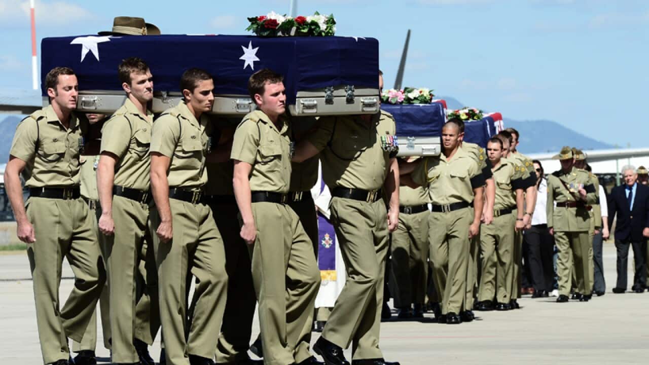 The body of Sapper James Martin carried at the RAAF Base at Amberley