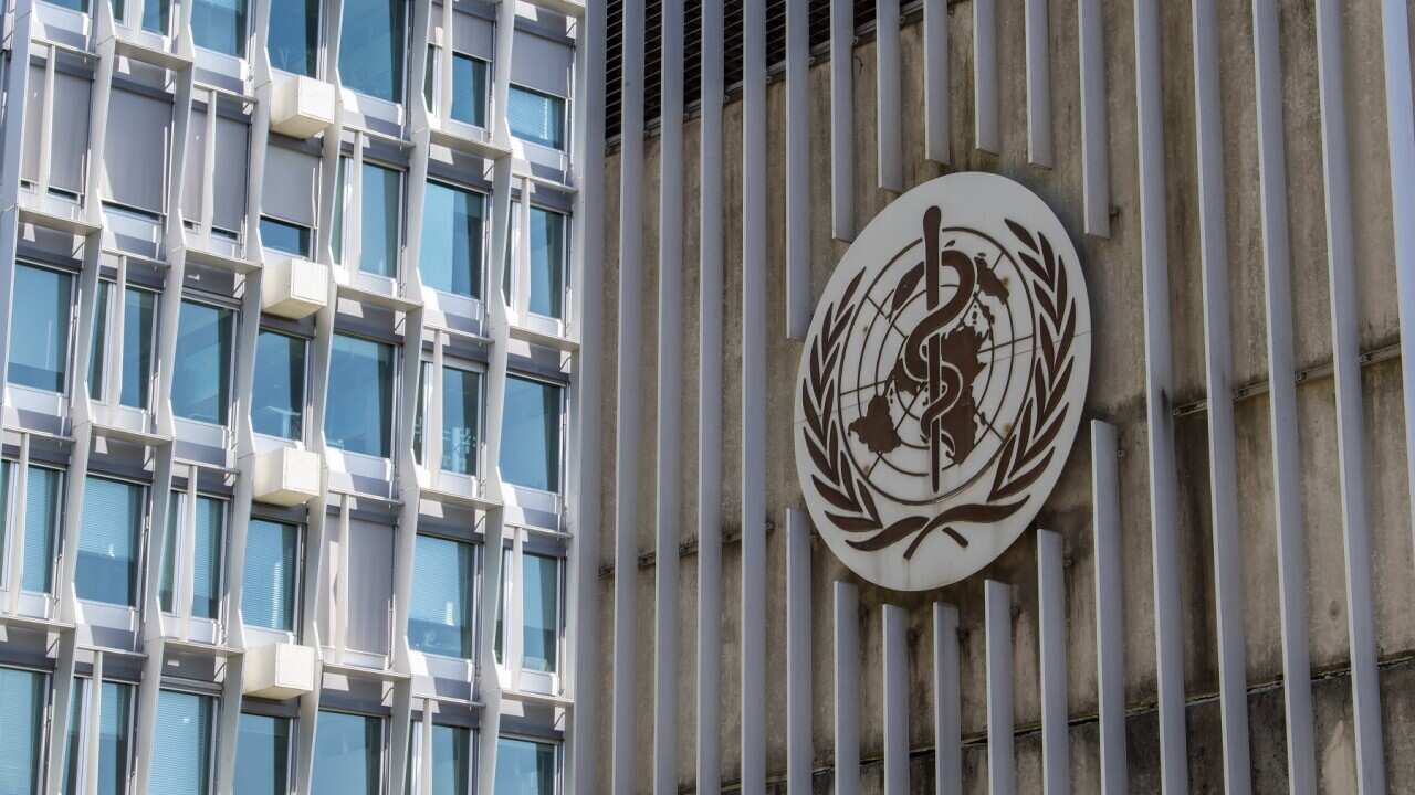 The logo and building of the World Health Organization HQ in Geneva, Switzerland (AAP)