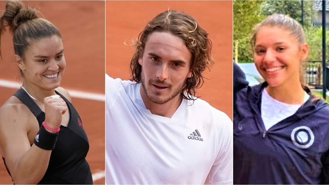L: Maria Sakkari, Stefanos Tsitsipas, Michaela Laki at Roland Garros.