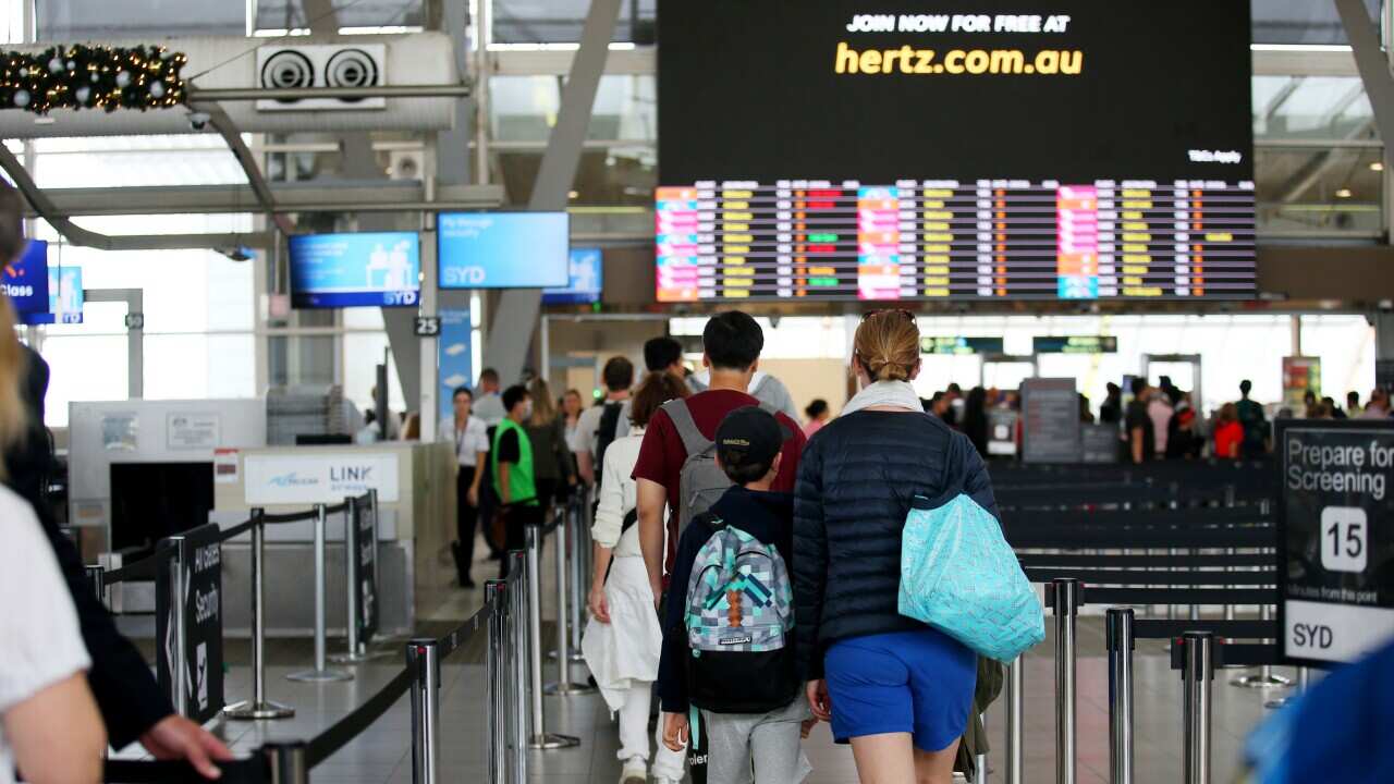 People lining up to go through airport security