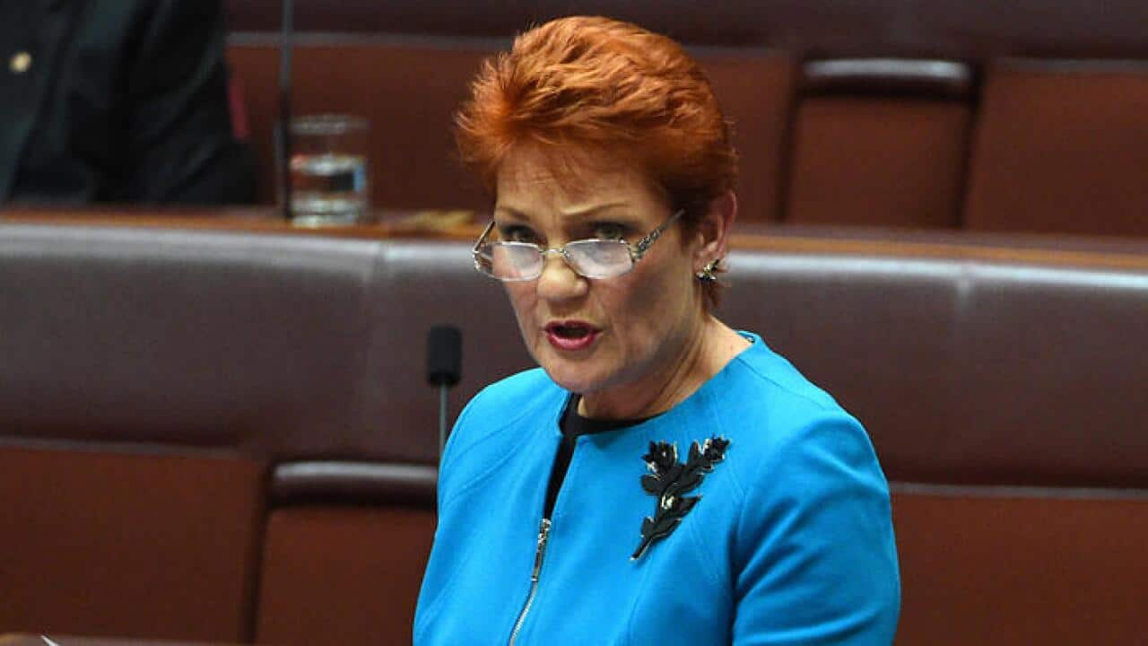 One Nation leader Senator Pauline Hanson makes her maiden speech in the Senate in Canberra, Wednesday, Sept. 14, 2016. (AAP Image/Mick Tsikas) NO ARCHIVING
