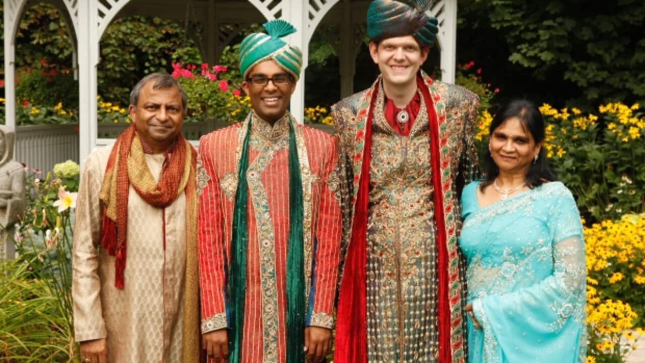 Rishi Agarwal with his husband Daniel Langdon and parents Sushma and Vijay