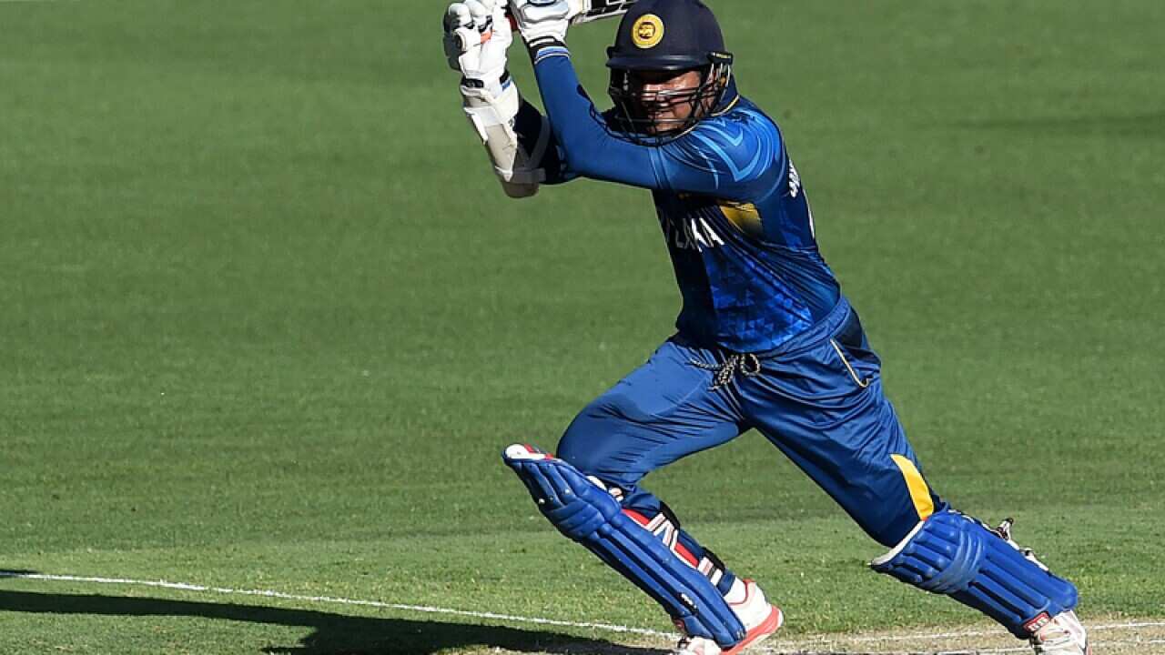 Kumar Sangakkara plays a shot for Sri Lanka