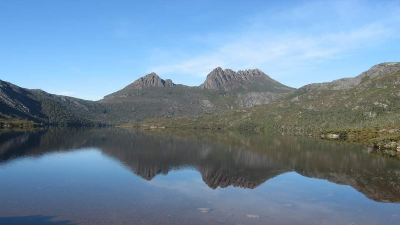 Cradle Mountain is reflected in Dove Lake