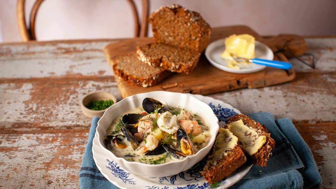 Dingle brown bread (Irish soda bread) served with seafood chowder.