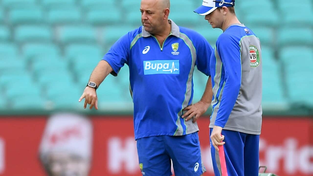 coach Darren Lehmann, (left), and captain Steve Smith