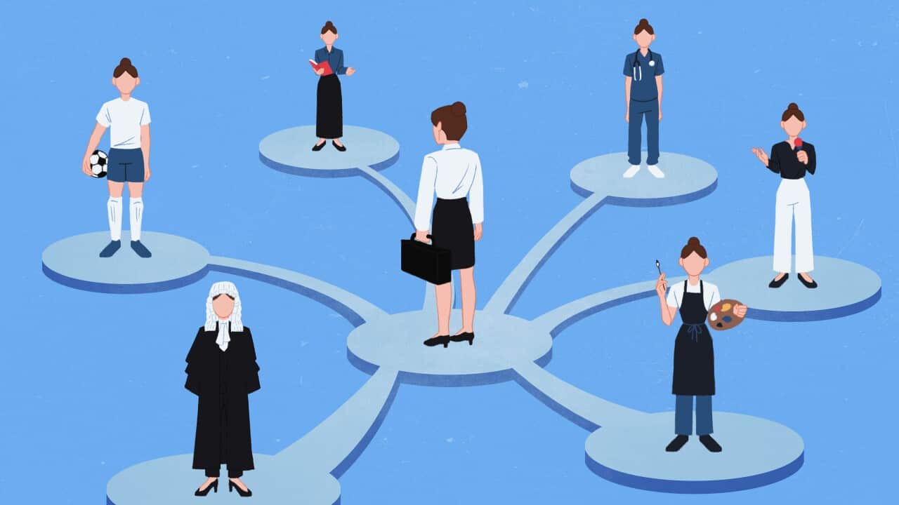A graphic image showing a woman in the centre with paths spanning out to figures in various types of careers.