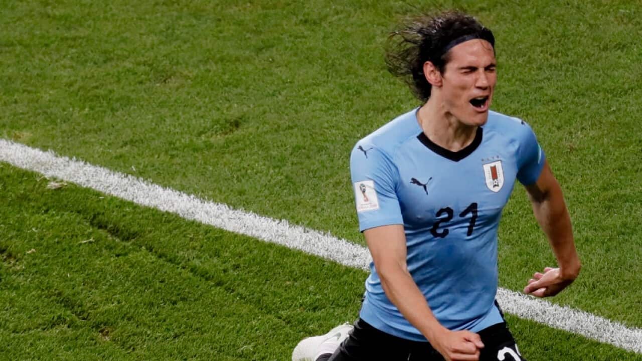Edinson Cavani of Uruguay celebrates scoring the opening goal during the FIFA World Cup 2018 round of 16 soccer match