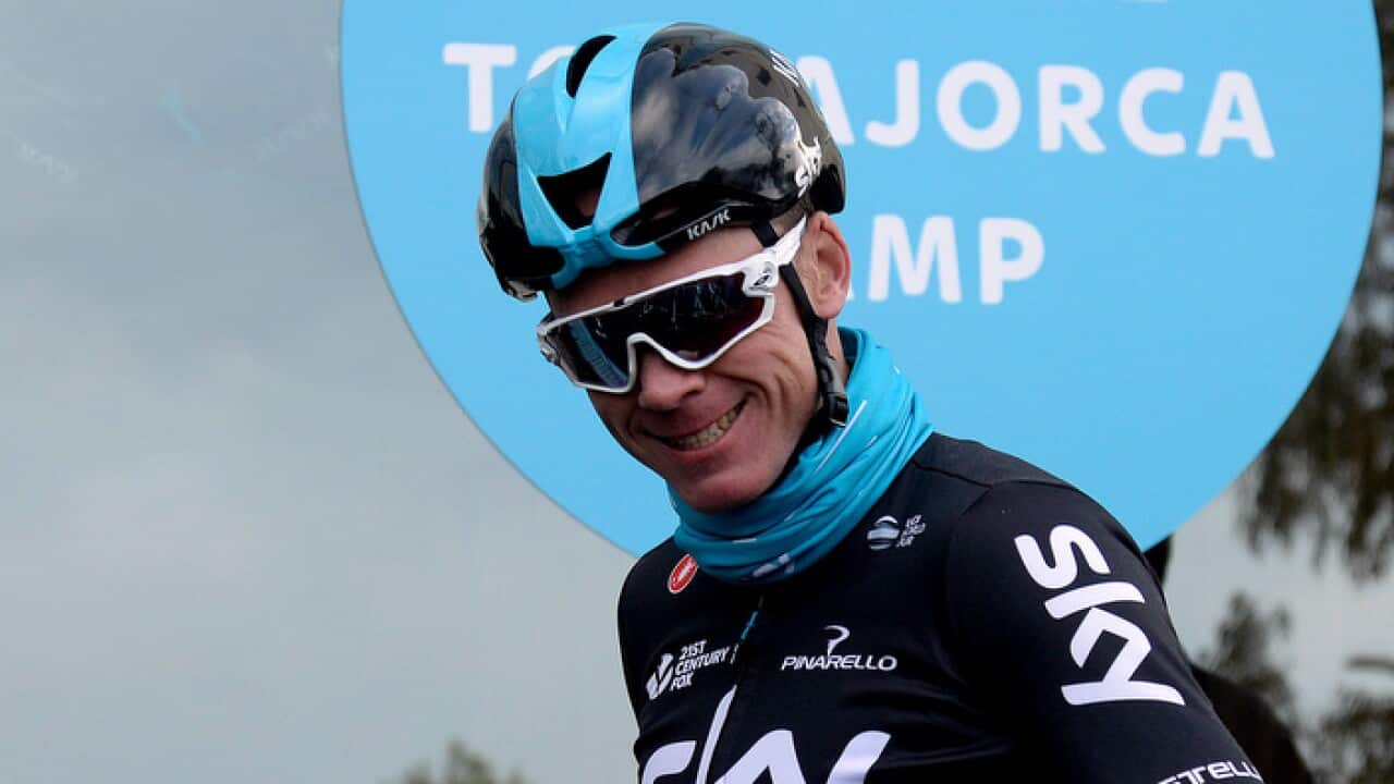 Britain's Chris Froome arrives back at his hotel after training in Palma de Mallorca, Spain, Wednesday Dec.13, 2017.