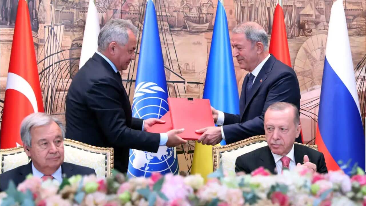Turkish President Recep Tayyip Erdogan (front right) and UN Secretary-General, Antonio Guterres (front left) attend the signing ceremony of the Initiative on the Safe Transportation of Grain and Foodstuffs Ukrainian Ports Document