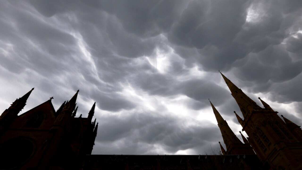Storm clouds over St. Mary's Cathedral in Sydney.