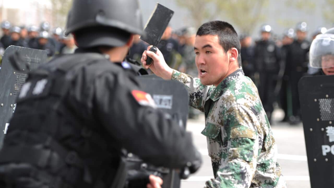 Armed policemen surround a knife-wielding attacker