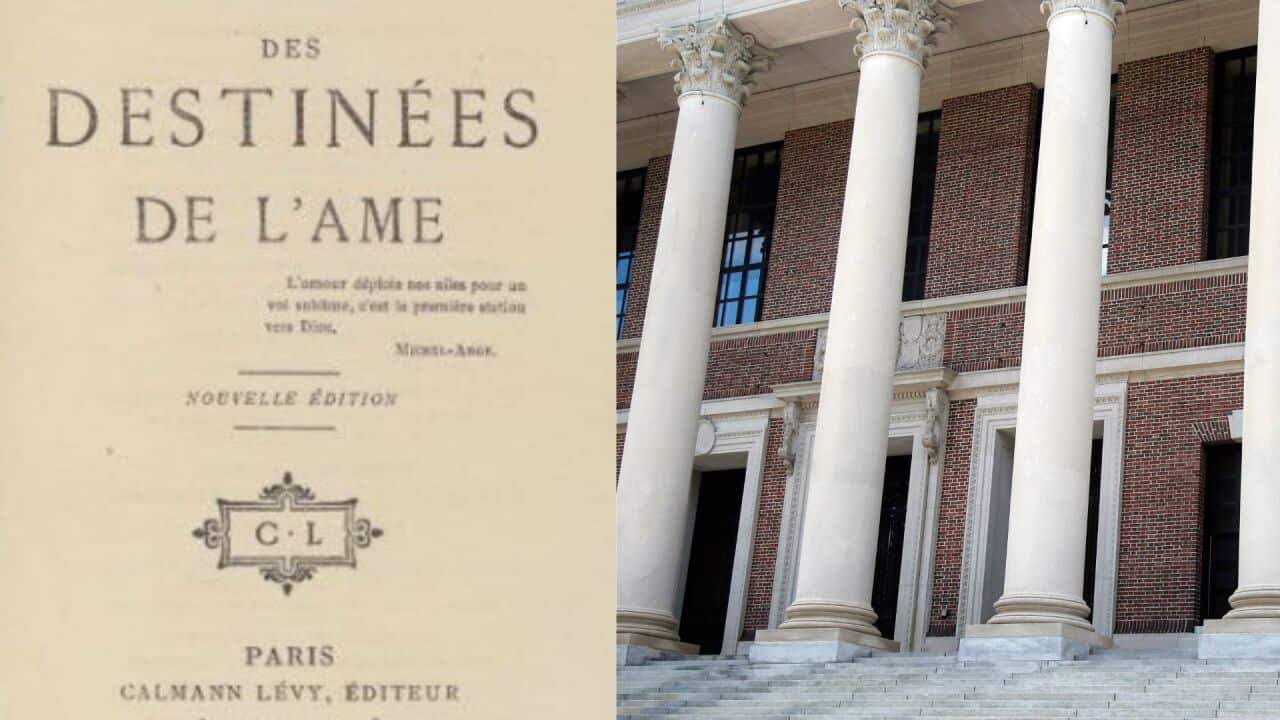 A composite image of an old-looking title page and the magisterial columns of a library
