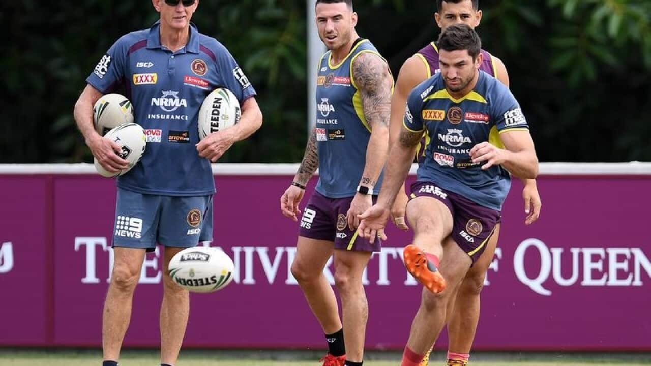 Matt Gillett (right) at Brisbane Broncos training