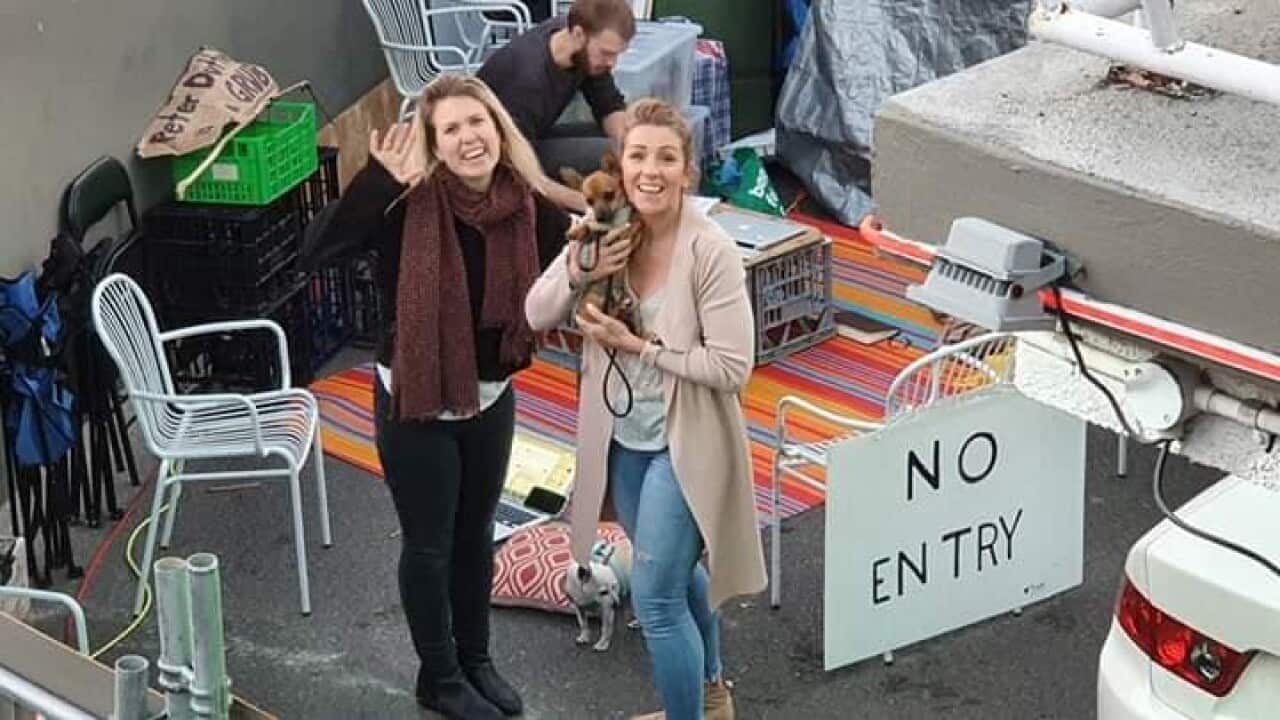 Elise Ganley (left) at the Kangaroo Point APOD protest.